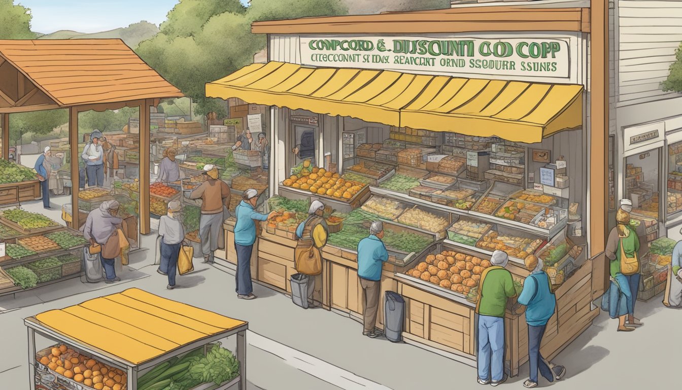 A bustling local food coop with signs promoting savings and discount programs in Concord, CA