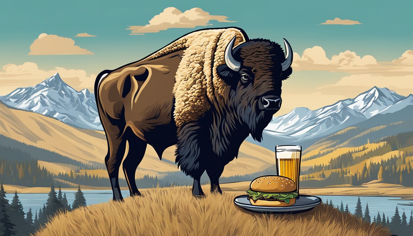 A bison burger towered with local craft beer, set against the backdrop of Montana's rugged landscape