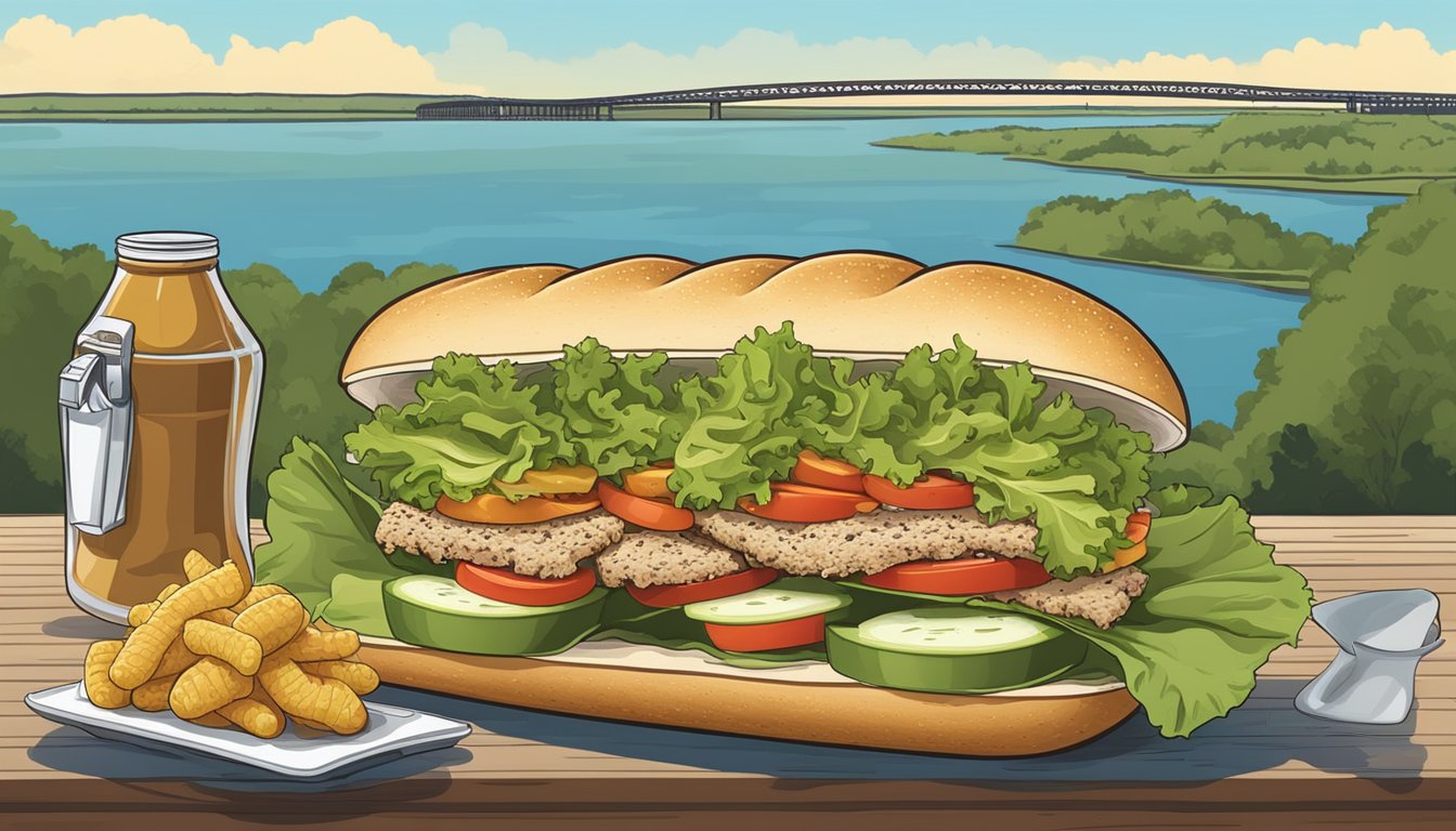 A catfish po boy sandwich surrounded by key ingredients like lettuce, tomatoes, and pickles, with a Mississippi river in the background