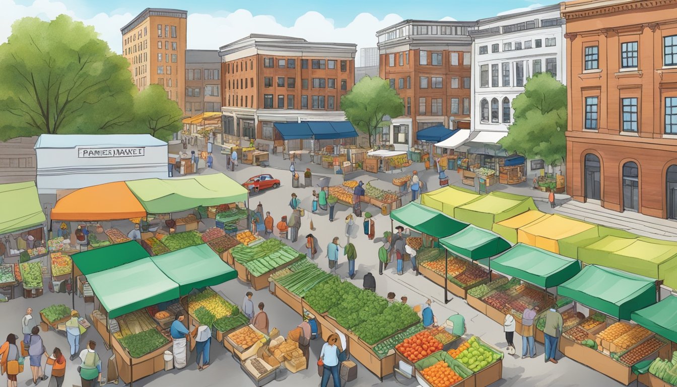 A bustling farmers' market with diverse produce and local vendors in the heart of Hartford