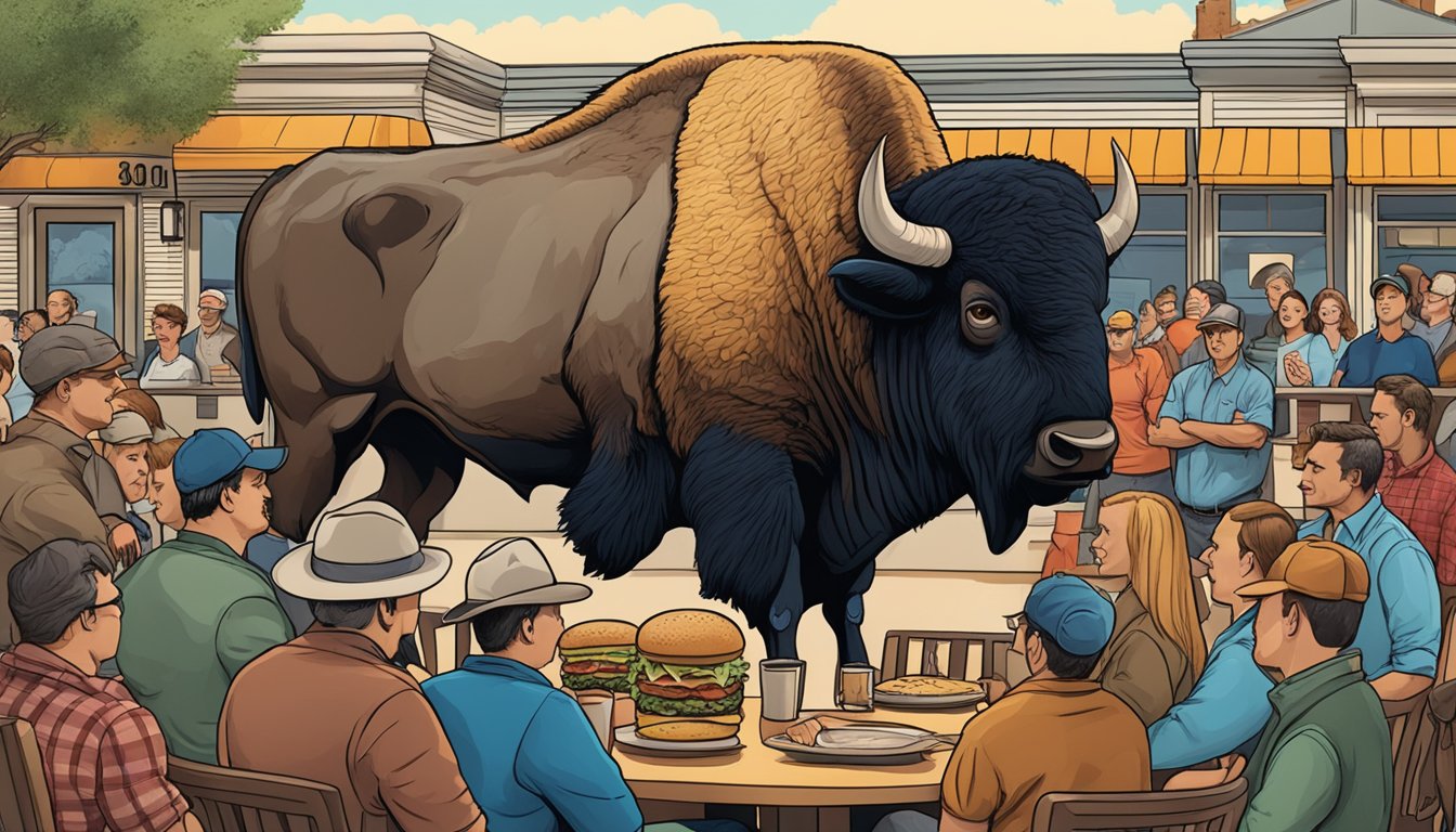 A large bison burger surrounded by a crowd of onlookers at a Montana restaurant