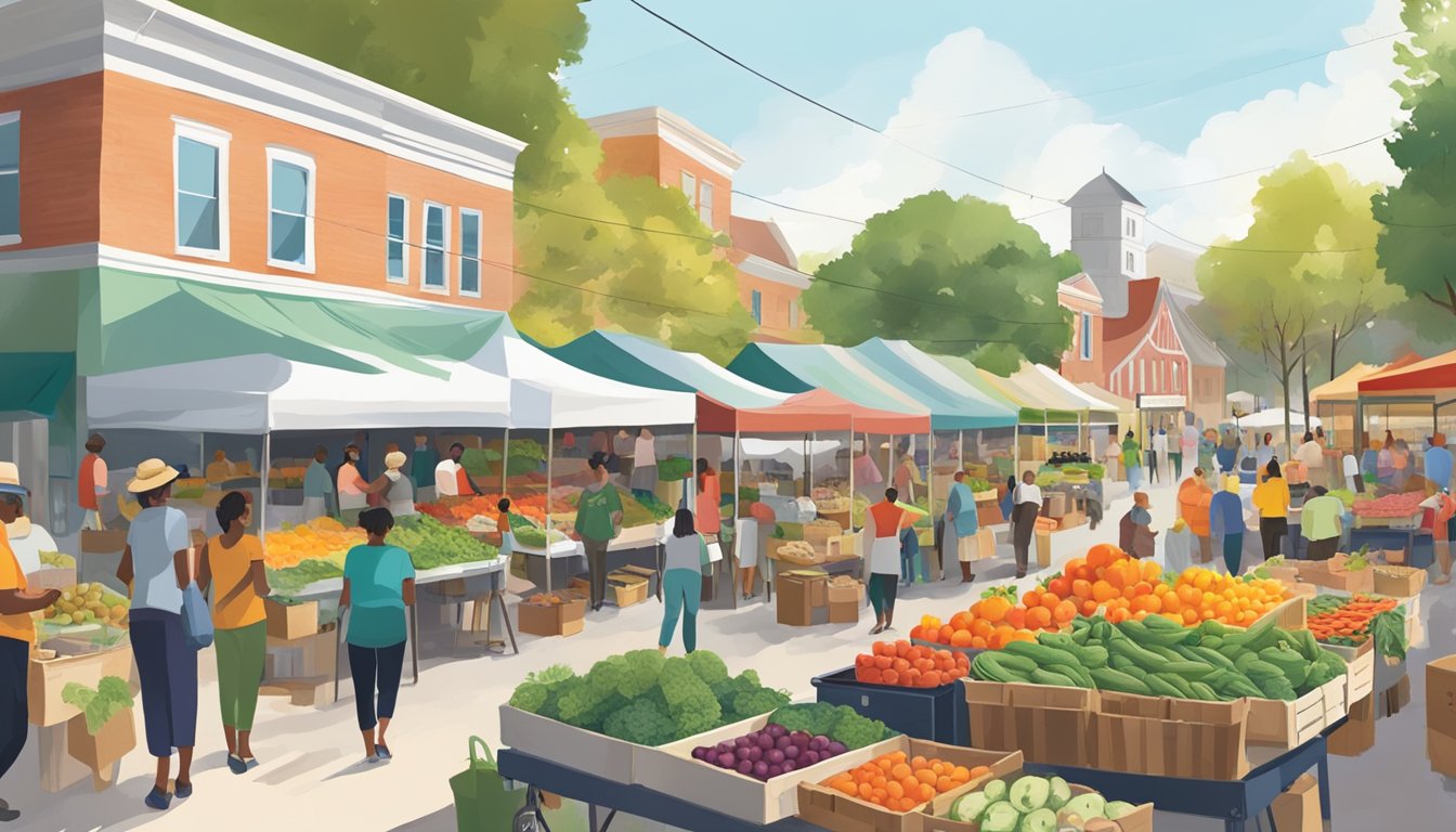 A bustling farmers' market with colorful stalls and diverse produce, surrounded by local food co-ops and community gardens in North Charleston, SC