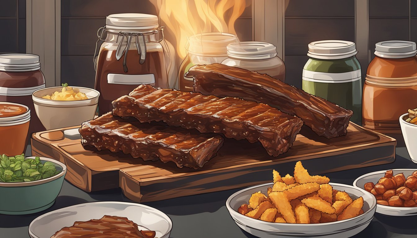 A rack of St. Louis-style BBQ ribs coated in a rich, glossy glaze, surrounded by various sauces in jars and bowls. Smoke rises from a nearby grill