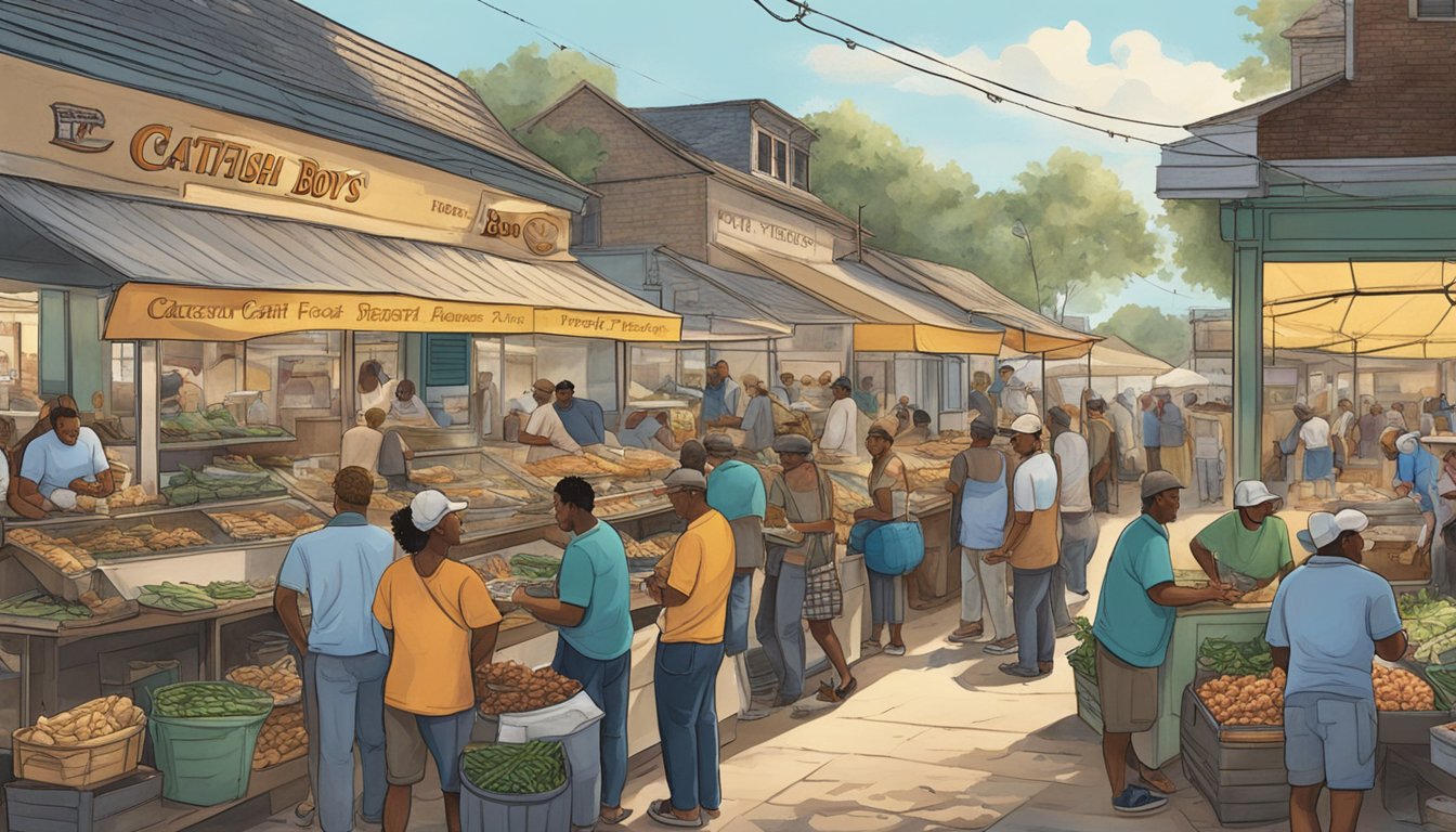 A bustling catfish market with vendors selling fresh fish and people enjoying catfish po' boys