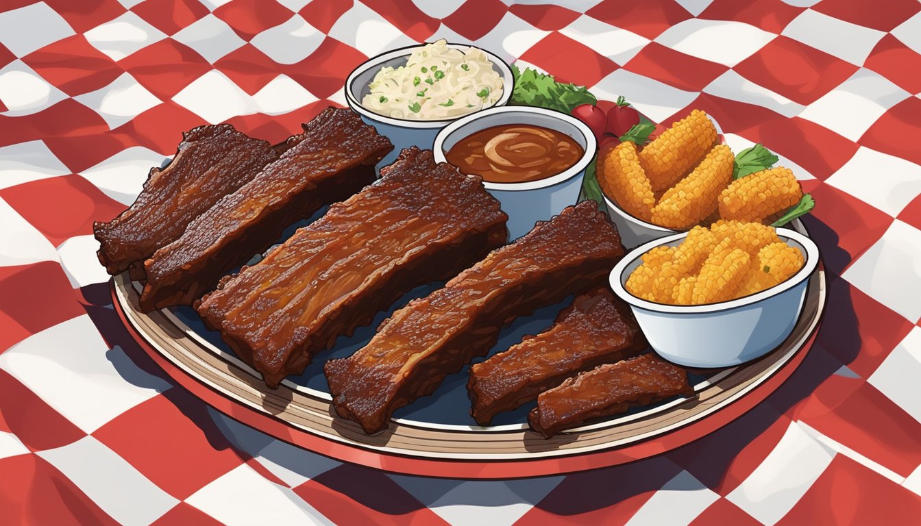 A platter of St. Louis style BBQ ribs served with classic sides on a checkered tablecloth at a Missouri BBQ competition