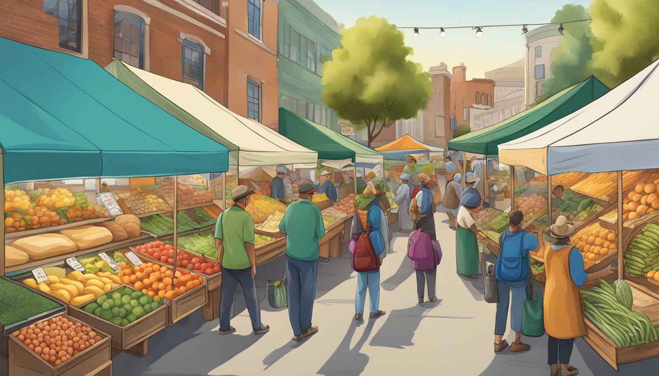 A bustling farmers market with colorful stalls and a variety of fresh produce, baked goods, and artisanal products. A sign displays "Local Food Co-op Directory."