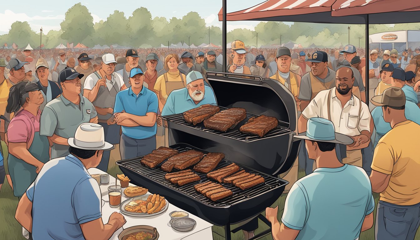 A smoky outdoor BBQ competition with racks of St. Louis style ribs sizzling on grills, surrounded by eager onlookers and judges