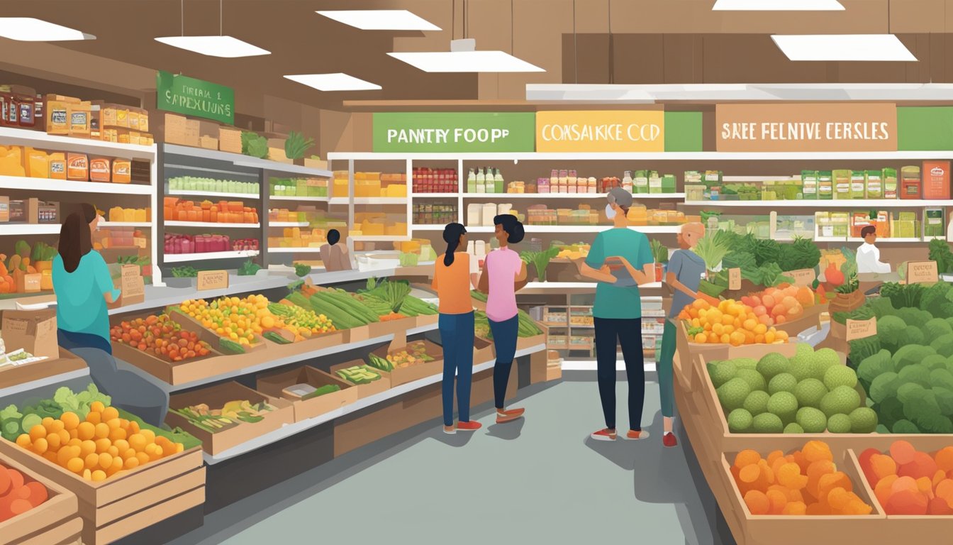 A bustling local food co-op with colorful produce, shelves of pantry items, and a diverse array of customers browsing and chatting with staff