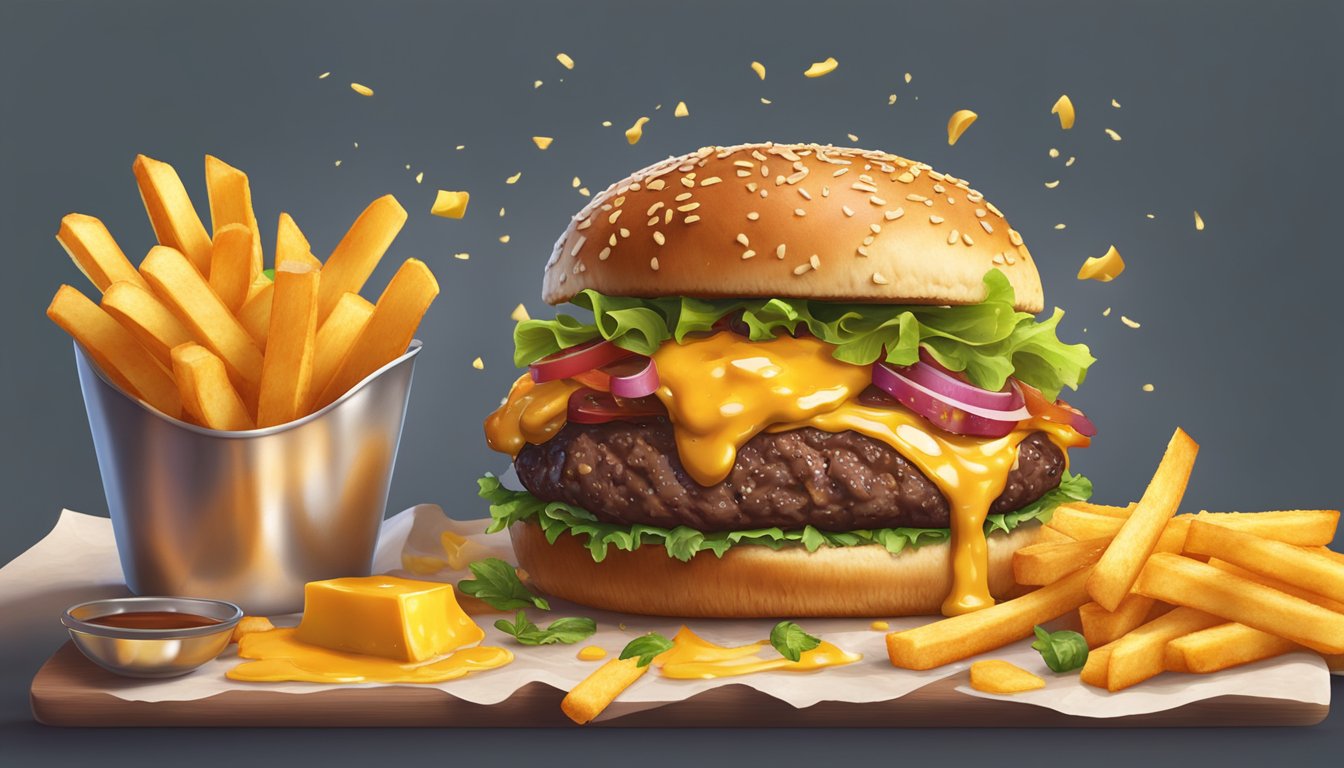 A sizzling Juicy Lucy burger being cut open, oozing with melted cheese and juicy meat, surrounded by a pile of crispy golden fries