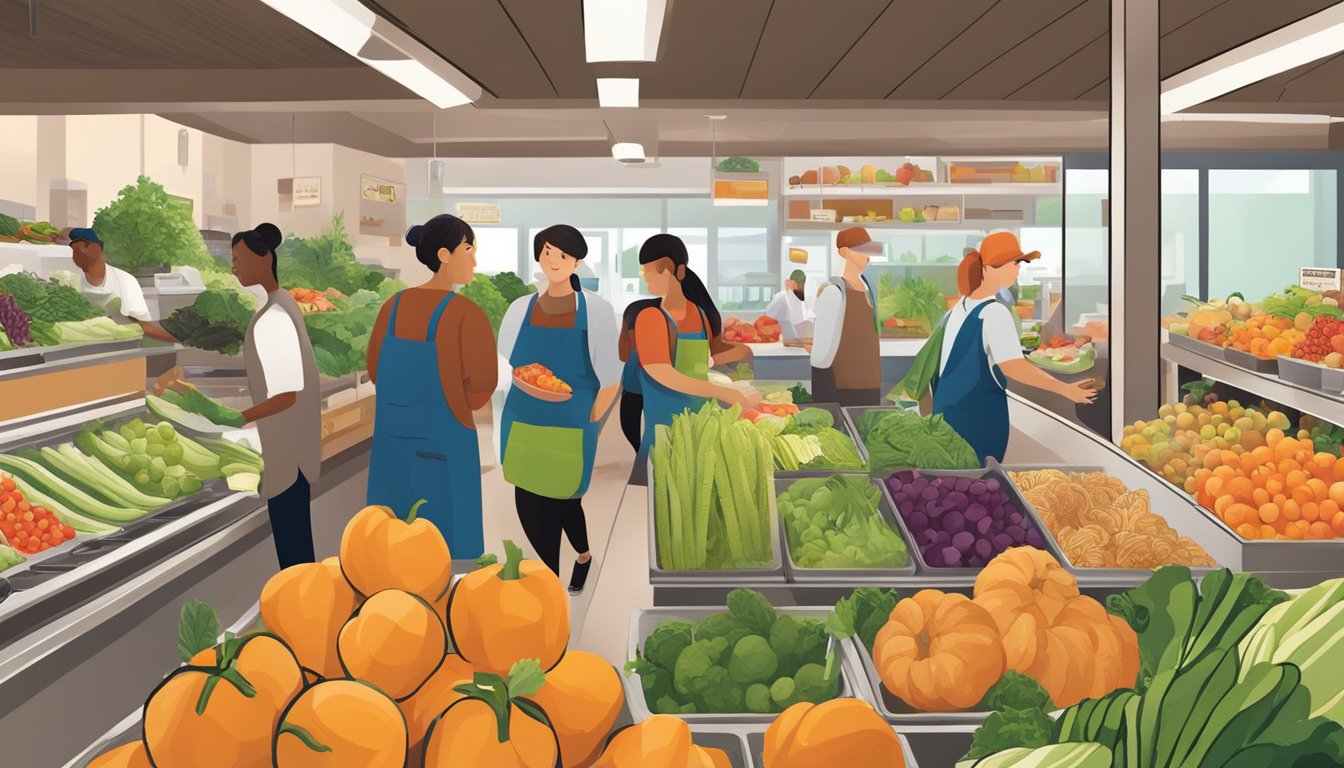 A bustling local food co-op with diverse, vibrant produce and friendly staff assisting customers