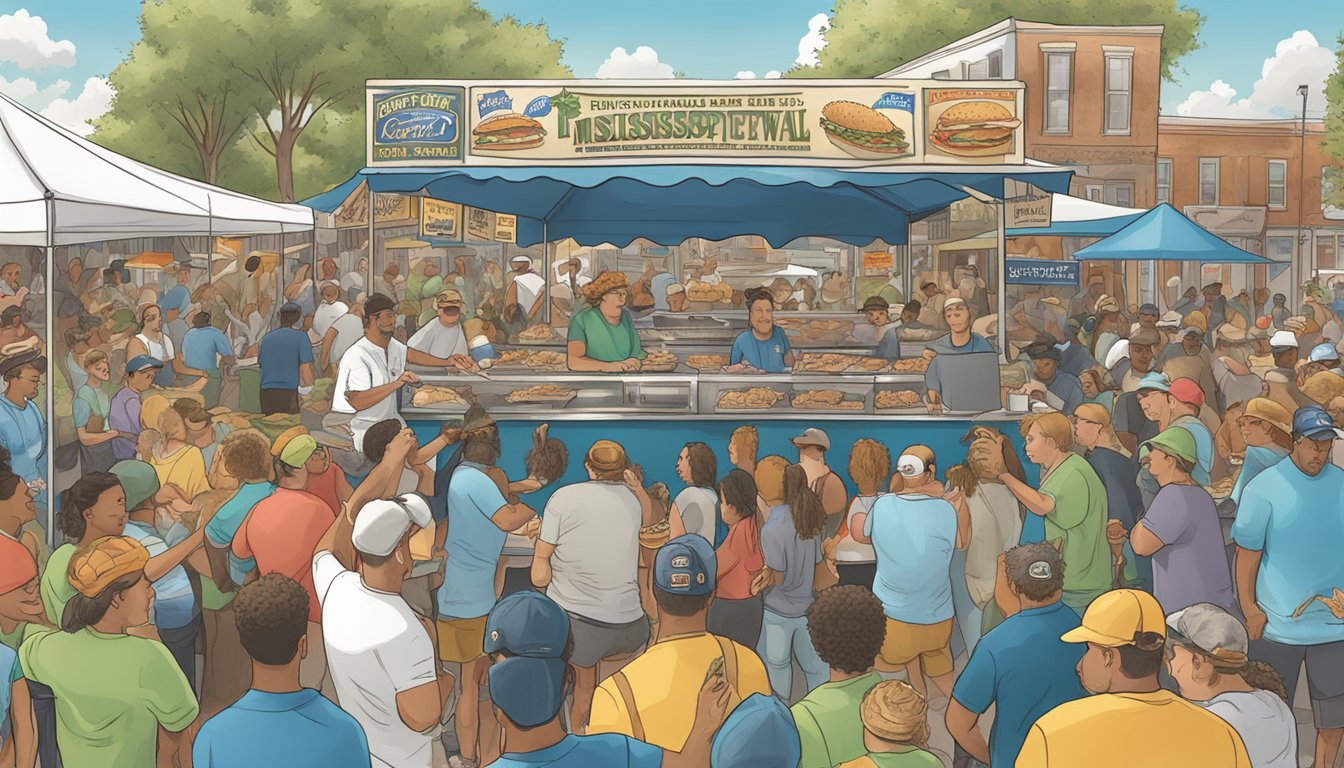 A bustling Mississippi food festival, featuring a catfish po boy challenge with eager participants and lively spectators