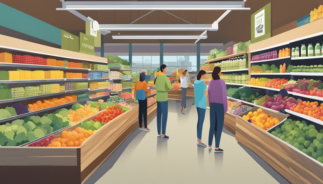 A bustling local food co-op with colorful produce, shelves of canned goods, and a diverse array of customers browsing the aisles