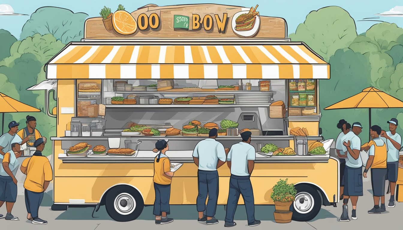 A bustling food truck festival with chefs preparing and serving up their twist on the classic Mississippi catfish po' boy sandwich