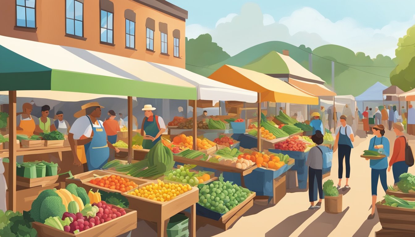 A bustling farmers' market with colorful fruits, vegetables, and homemade goods displayed on wooden stalls. Shoppers browse the array of locally-produced food and products