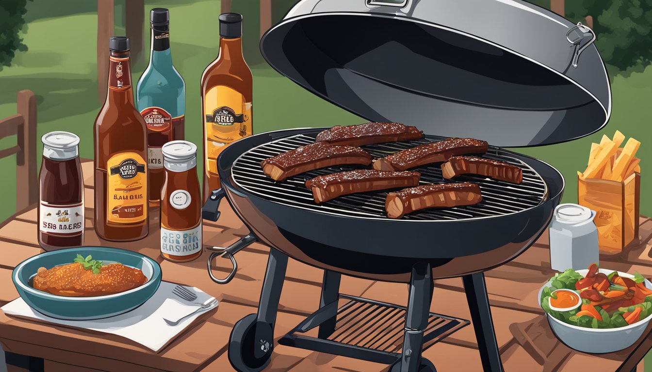 A backyard grill with St. Louis style BBQ ribs smoking over charcoal, surrounded by bottles of BBQ sauce and a spread of side dishes