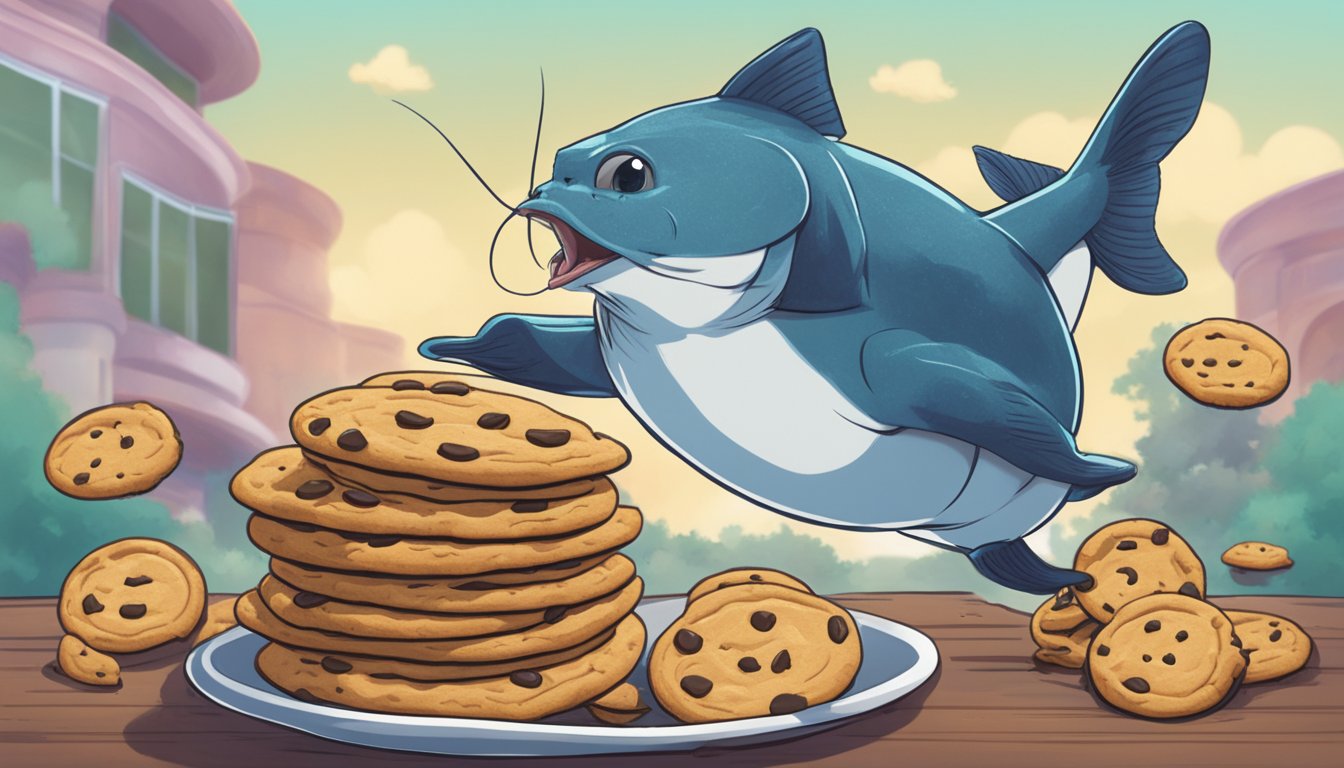 A catfish jumping over a giant cookie with a "Cookies Policy" sign in the background