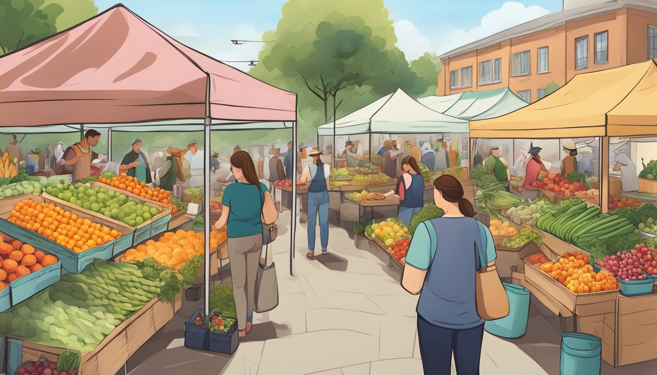 A bustling farmers' market with colorful produce, handmade goods, and eco-friendly packaging