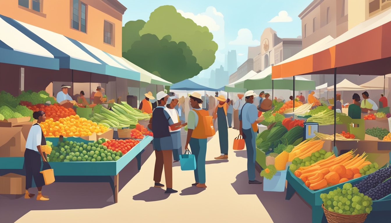 A bustling farmers market with colorful produce, vendors, and customers exchanging goods and conversation