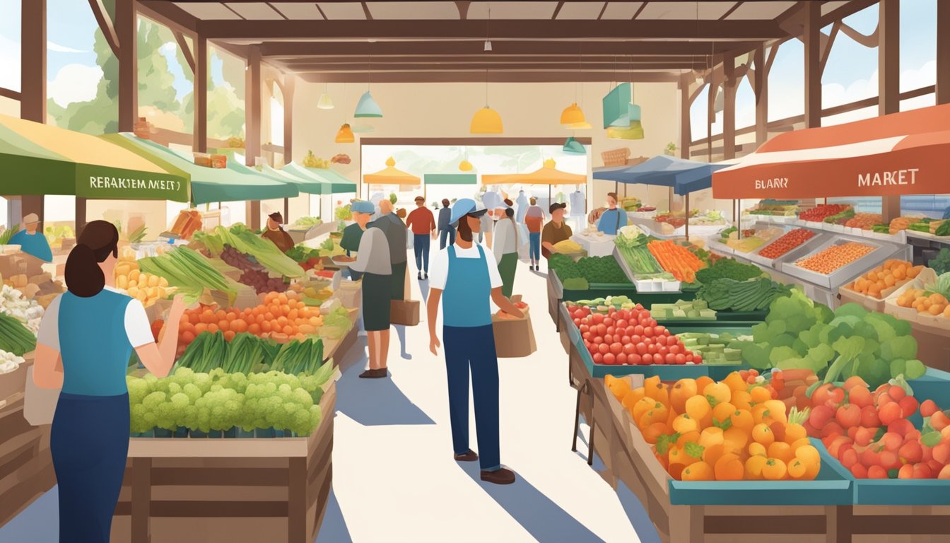 A bustling farmer's market with a variety of fresh produce, dairy products, and locally made goods displayed on tables and shelves