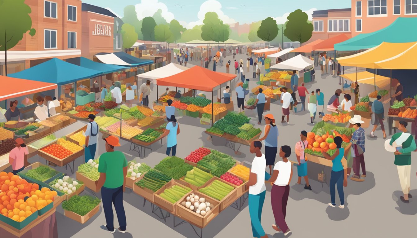 A bustling farmers' market with colorful produce stalls and a diverse crowd browsing and buying local goods