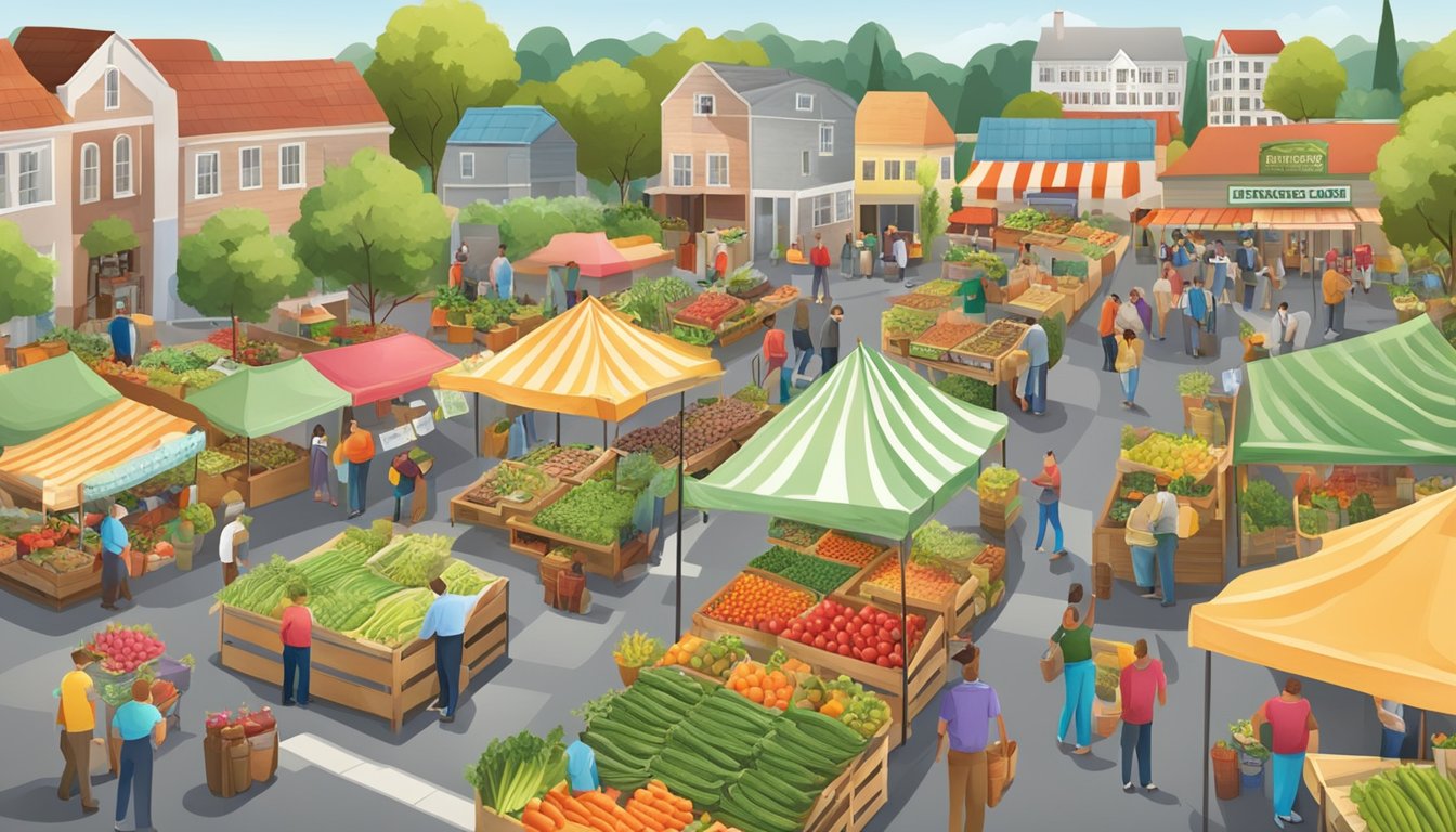 A bustling farmers' market with diverse produce and vendors, surrounded by a community garden and local farms