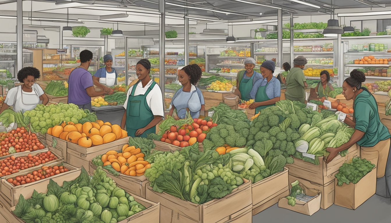 A bustling local food co-op in Hartford, CT, with diverse produce, friendly staff, and community members coming together to tackle food insecurity