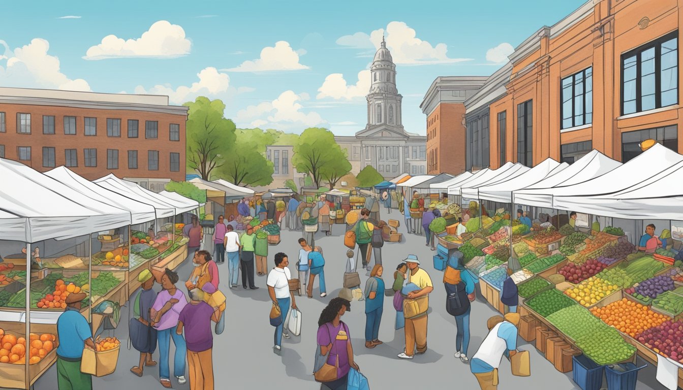 A bustling farmers' market in Hartford, CT, with colorful produce stalls and a crowd of locals browsing and chatting with vendors