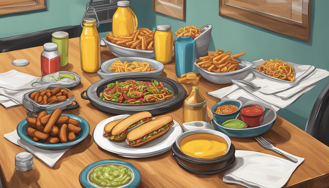 A table set with multiple Coney dogs, condiments, and napkins, with a stopwatch nearby