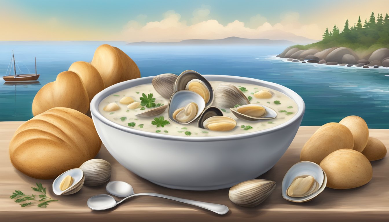 A steaming bowl of Massachusetts clam chowder surrounded by fresh clams, potatoes, and aromatic herbs, with a picturesque coastal backdrop