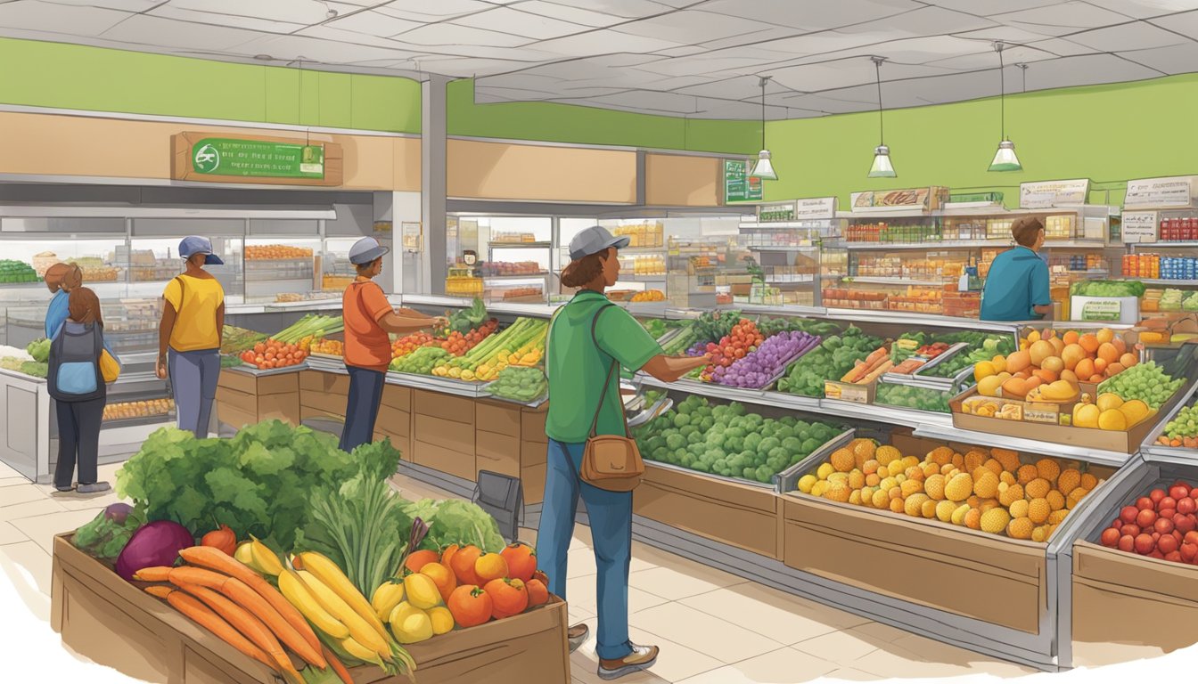 A bustling food co-op with fresh produce, local goods, and a welcoming atmosphere. Shoppers browse the aisles filled with colorful fruits and vegetables, while friendly staff assist customers at the checkout counter