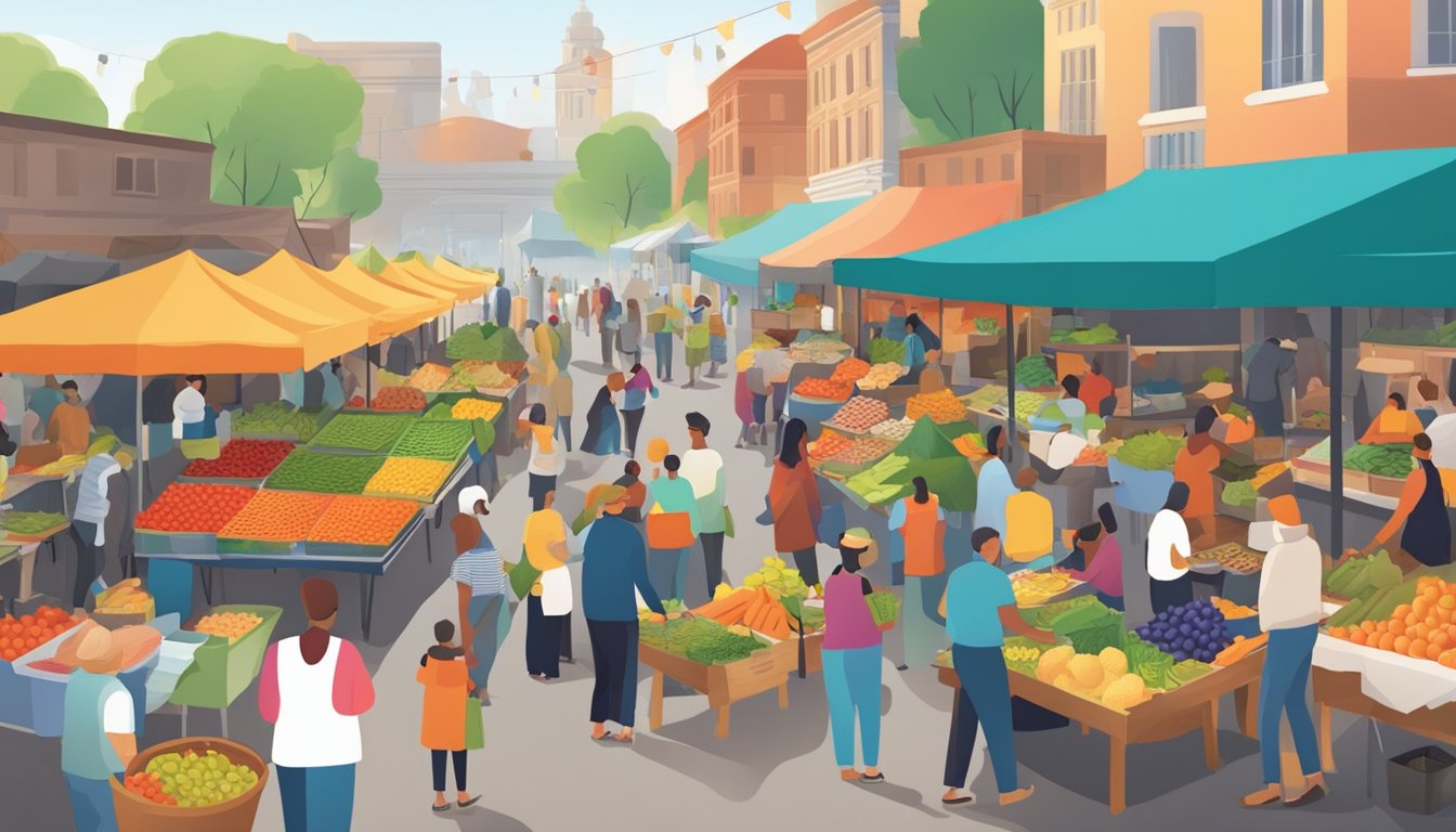 A bustling outdoor market with colorful stalls, fresh produce, and friendly vendors. Customers chat and browse, enjoying the sense of community