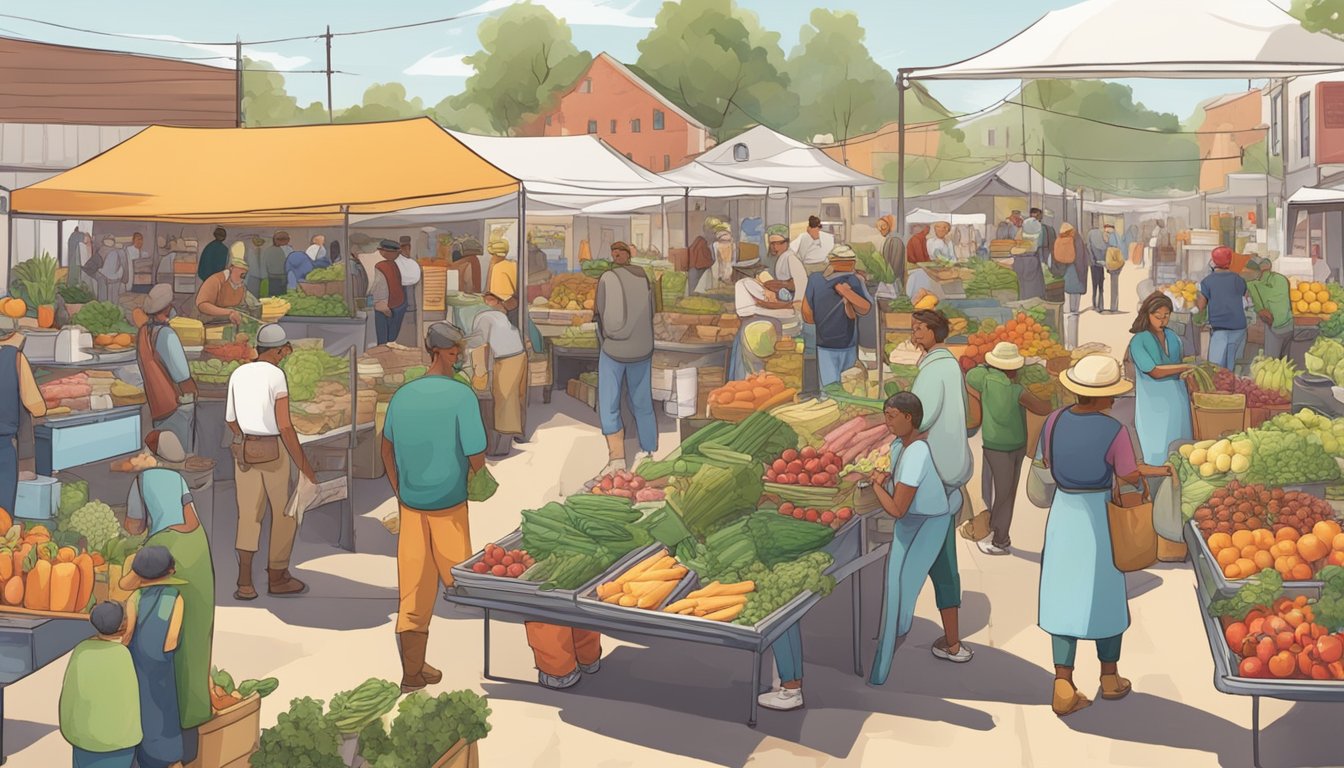 A bustling farmers market with vendors selling fresh produce, dairy, and meat. Customers browse the colorful stalls, chatting with local farmers and sampling homemade goods