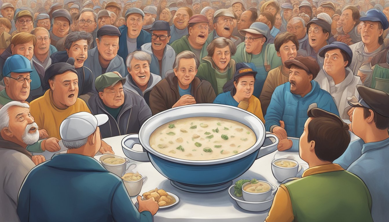 A steaming bowl of clam chowder sits on a table, surrounded by a crowd of onlookers with eager expressions