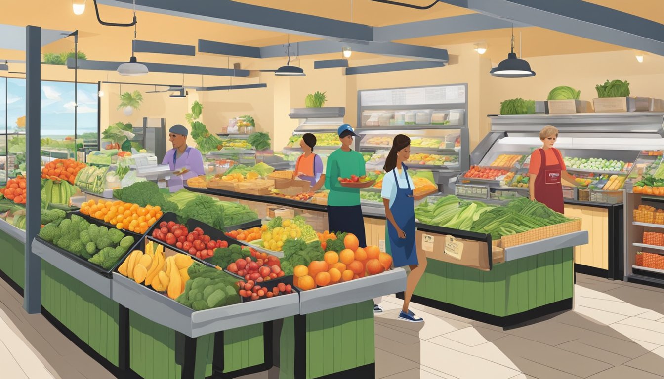 A bustling local food co-op in West Palm Beach, with colorful produce displays and friendly staff assisting customers