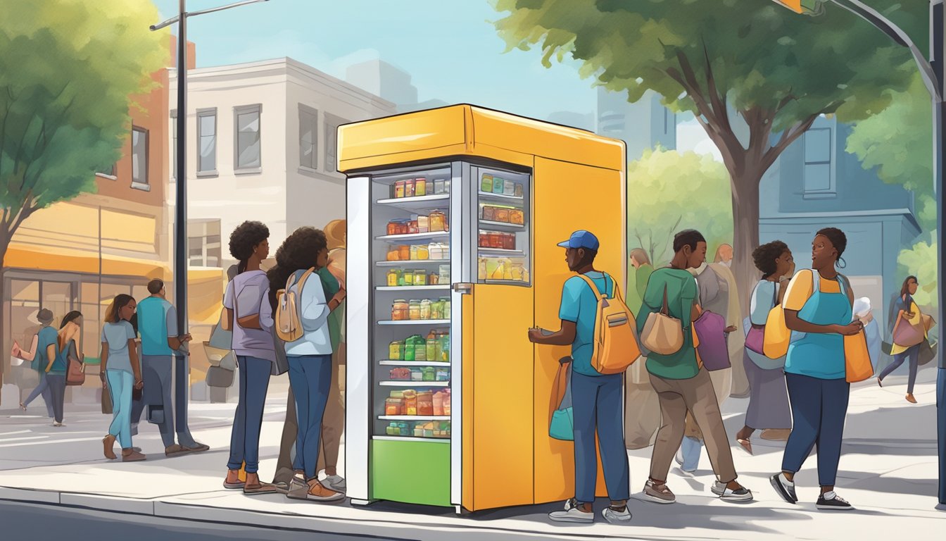 A brightly colored community fridge stands on a sidewalk, surrounded by a diverse group of people dropping off and picking up food items