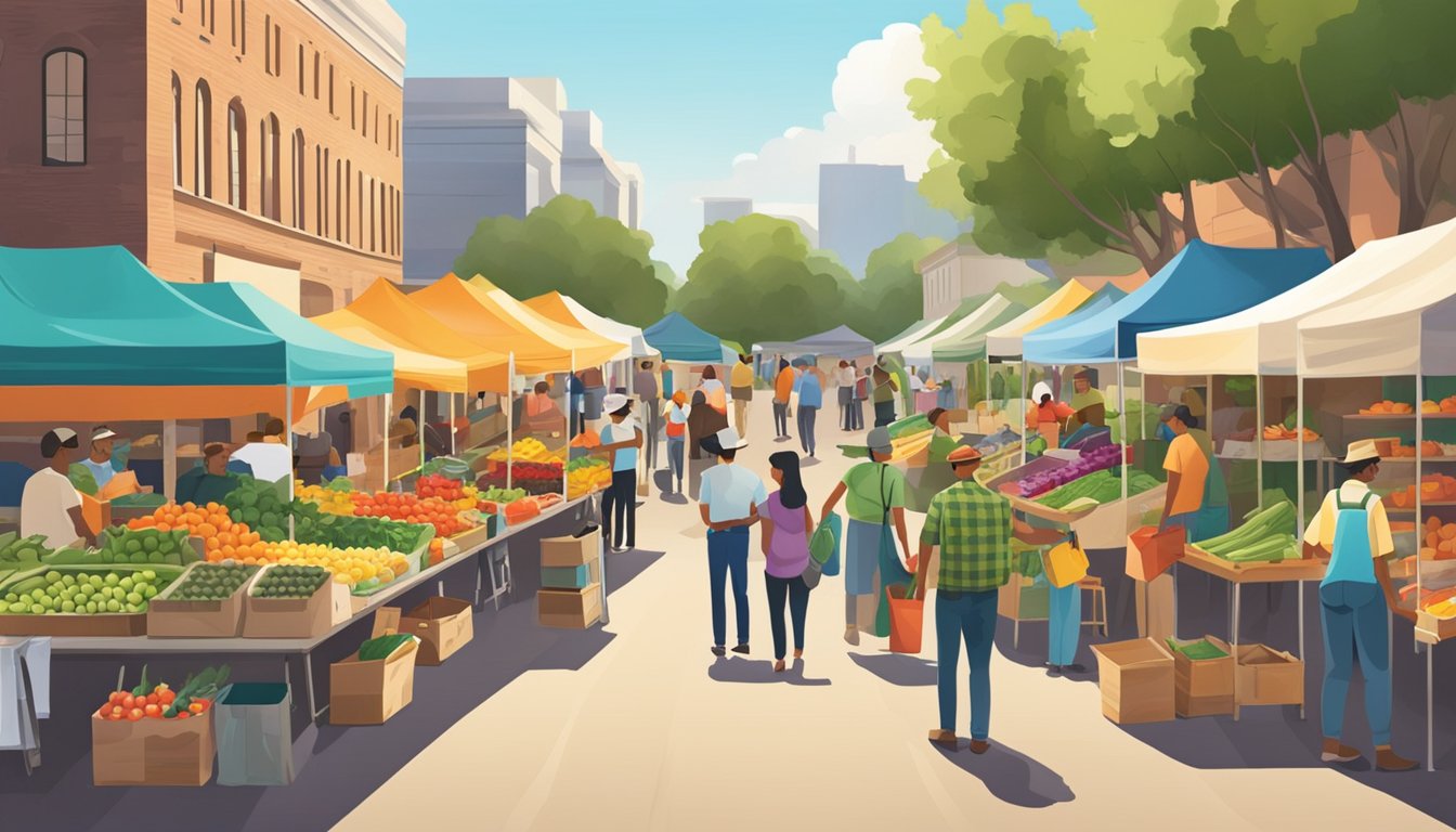 A bustling farmer's market with colorful stalls and vendors selling fresh produce and local goods in Richardson, TX