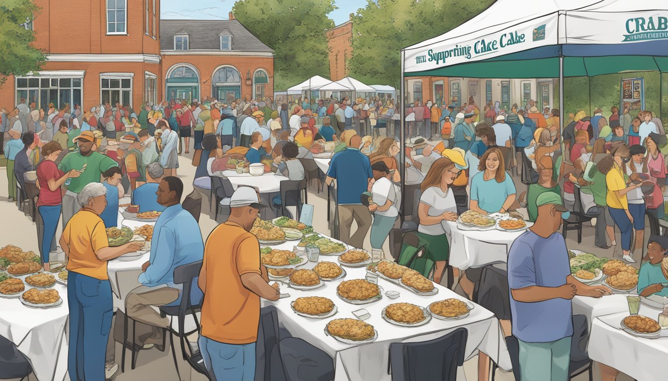 A bustling outdoor event with tables of crab cakes, people tasting and judging, and a banner reading "Supporting the Community Maryland: The Crab Cake Challenge."