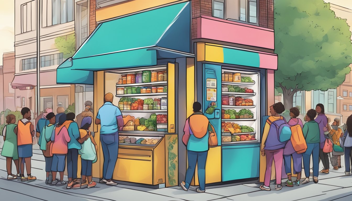 A bustling city street with a colorful, inviting community fridge surrounded by diverse groups of people donating and taking food