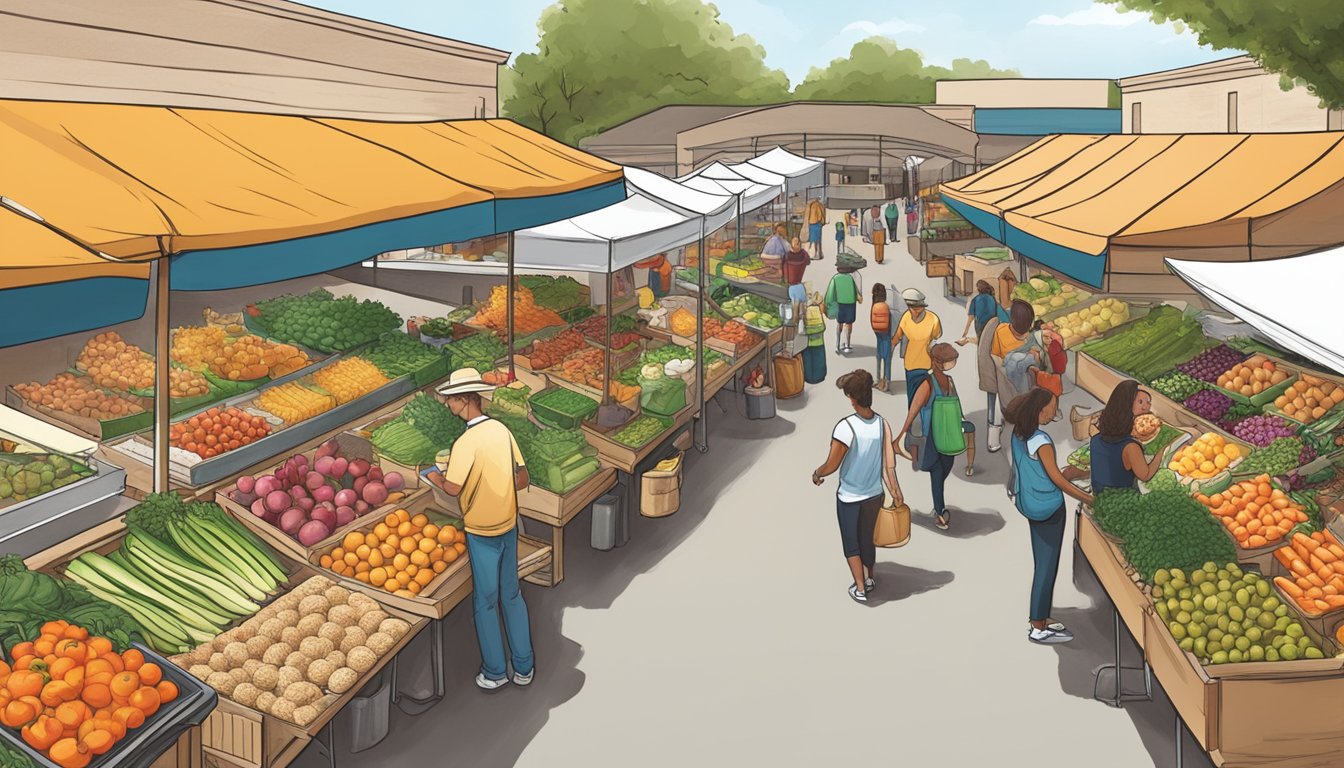 A bustling farmer's market with fresh produce, local vendors, and a diverse array of clean, organic foods in Richardson, TX