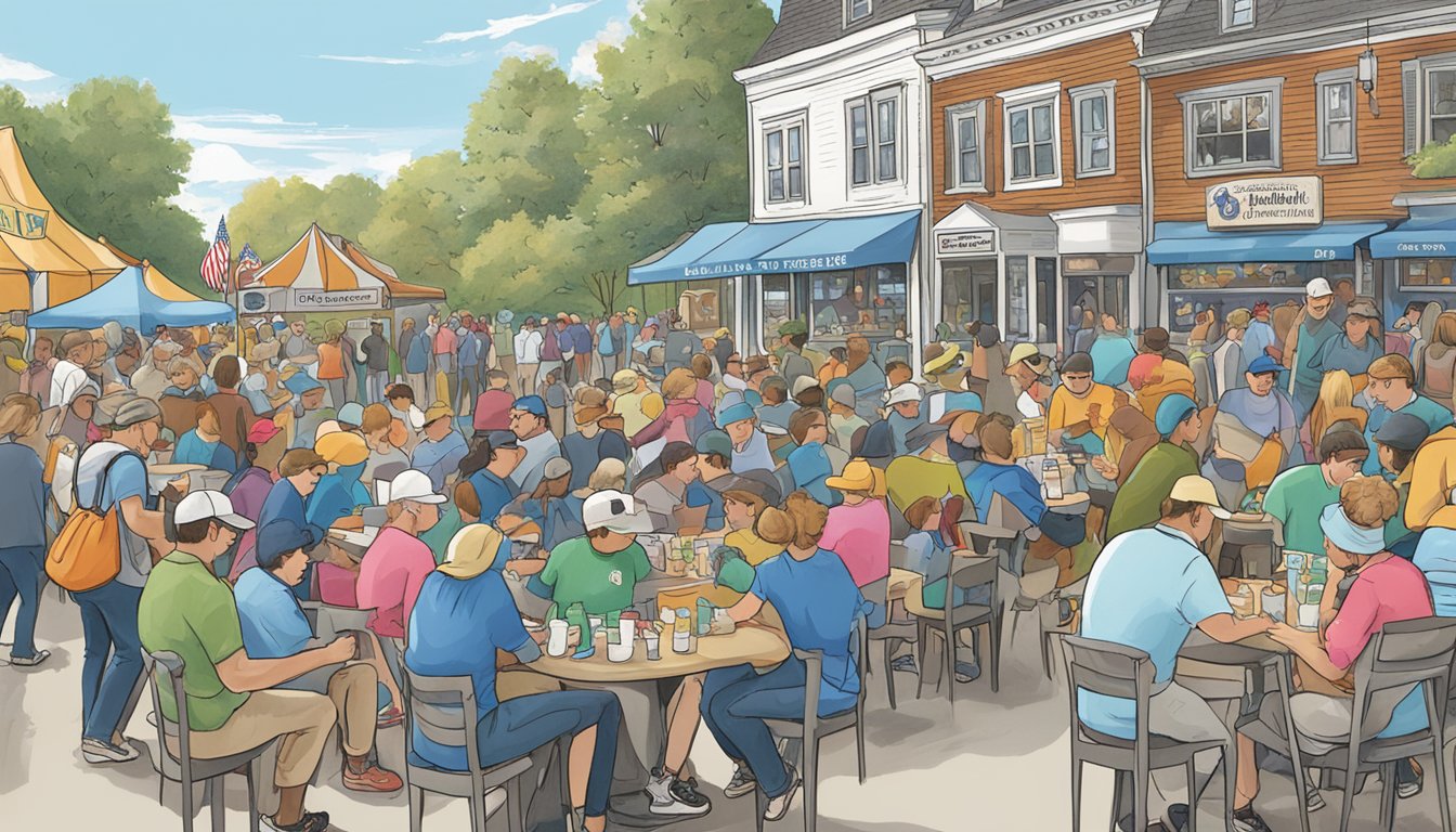 A bustling outdoor event in Massachusetts, with people sampling and competing in a clam chowder bowl challenge