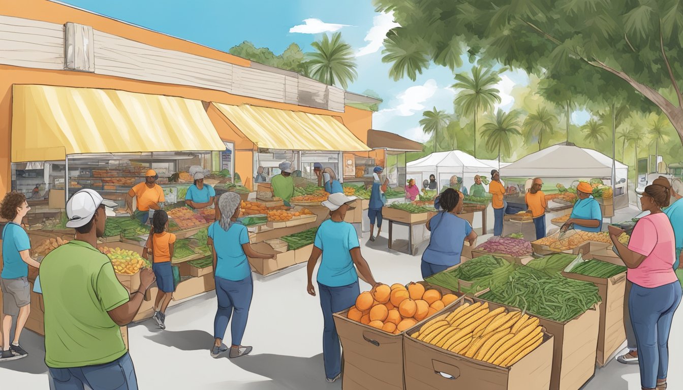 A bustling local food coop in West Palm Beach, FL, with volunteers assisting community members and organizing outreach events