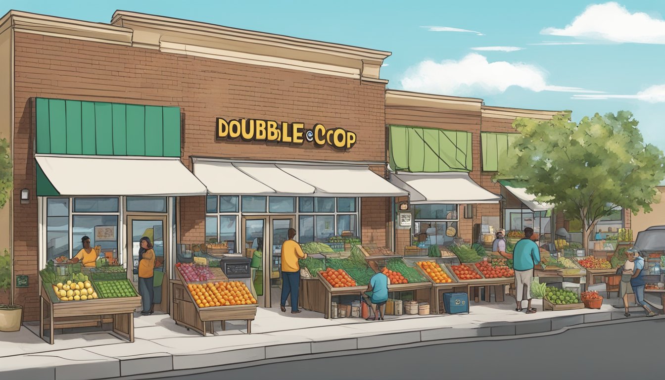 The bustling Double Oak Food Co-op in Richardson, TX, with colorful produce, local goods, and friendly vendors