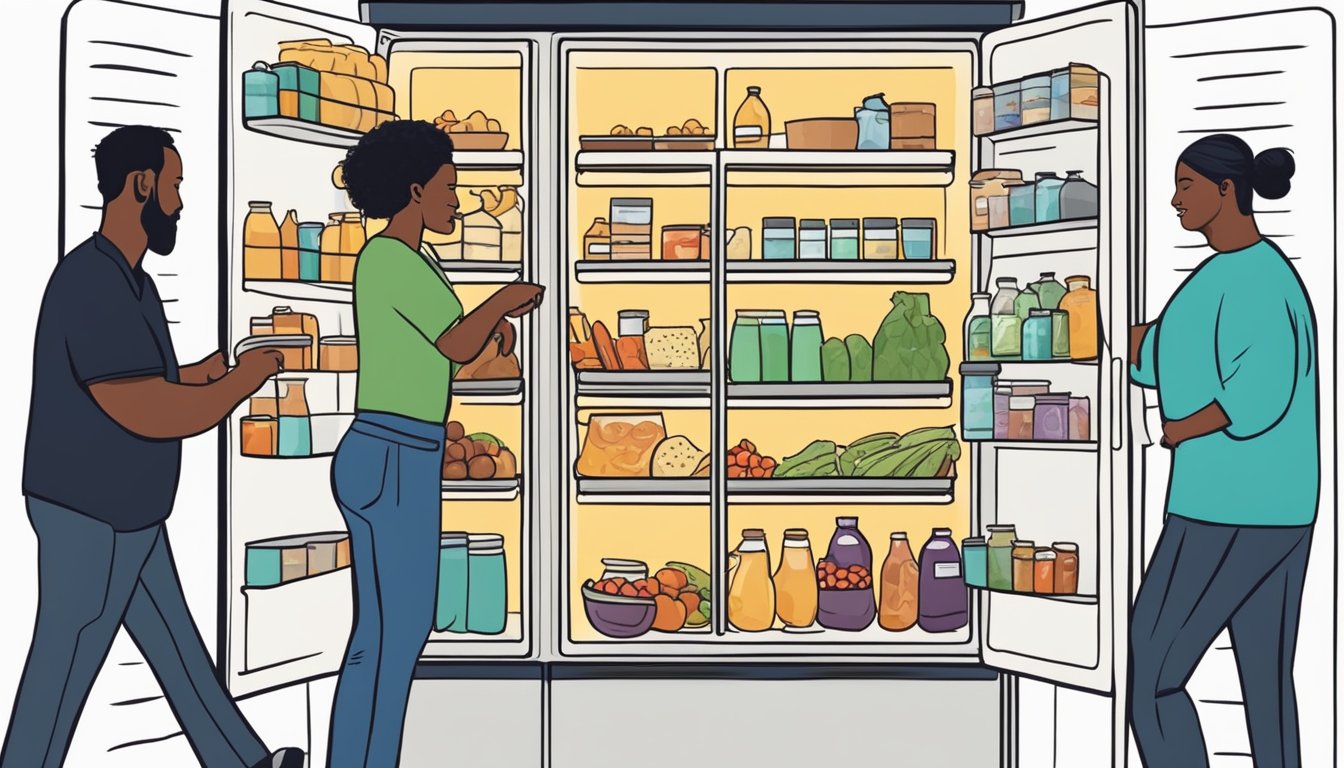 A diverse group of people contribute and take food from a well-organized community fridge in Huntsville, Alabama