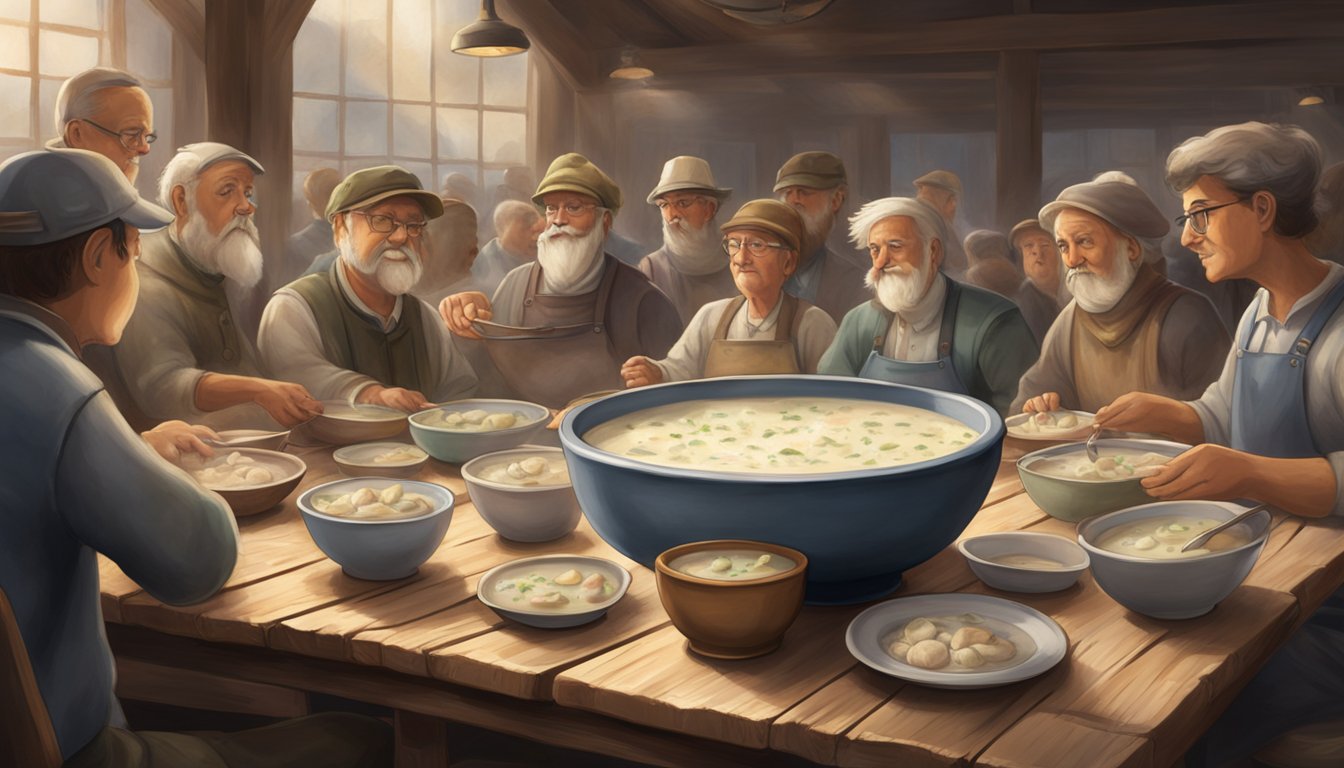 A steaming bowl of clam chowder sits on a rustic table, surrounded by empty bowls and eager onlookers