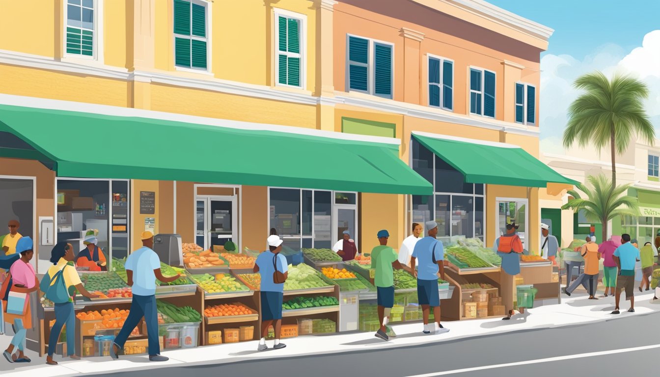 A bustling local food coop in West Palm Beach, FL, with various vendors and customers engaging in extended services and partnerships