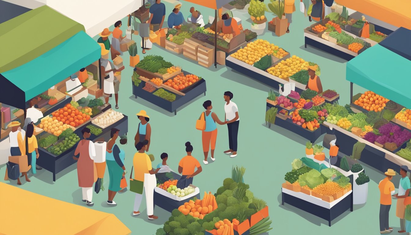 A bustling farmers market with colorful stalls and diverse produce, customers interacting with vendors, and a sense of community and sustainability