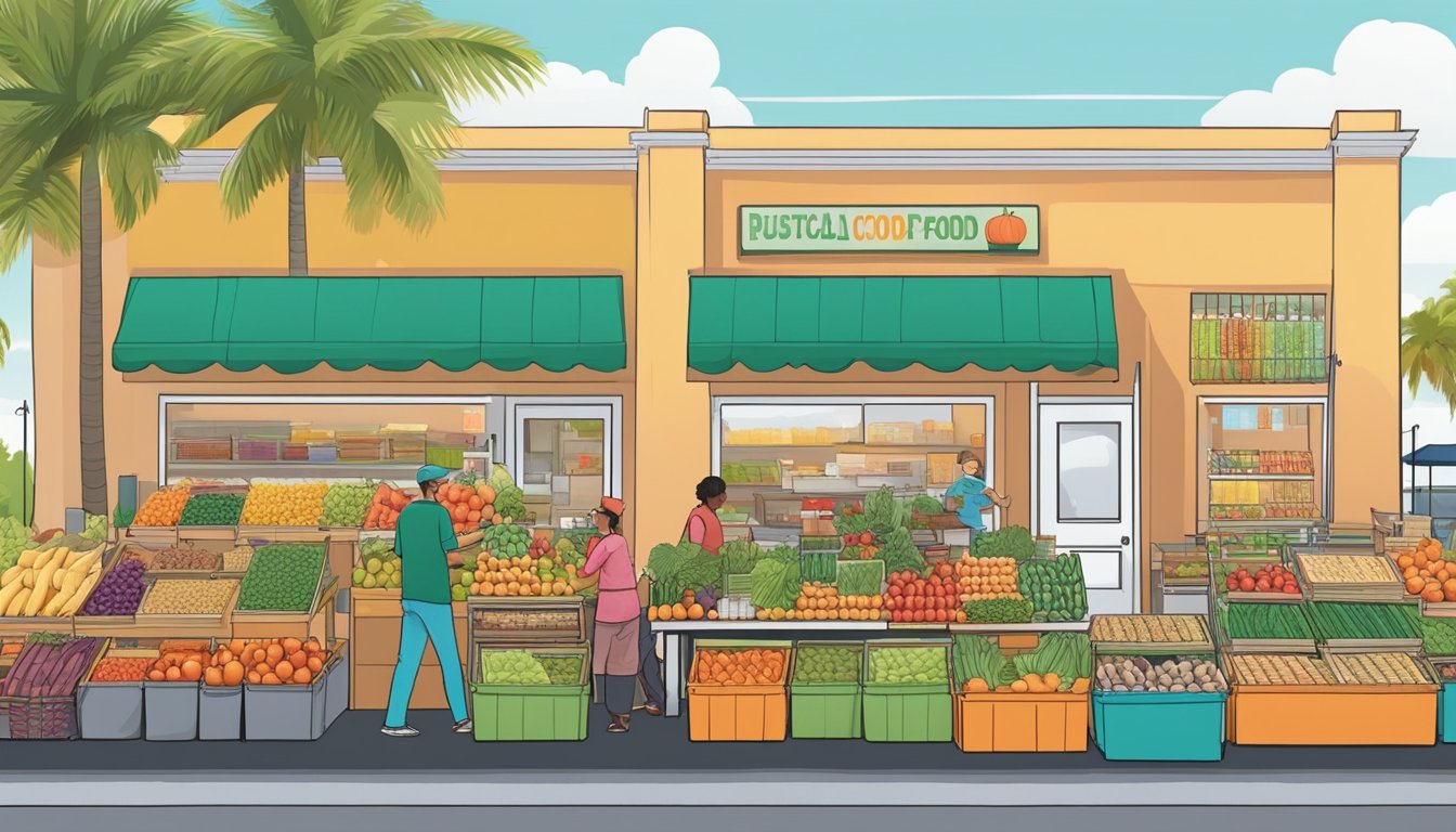 A bustling local food co-op in West Palm Beach, FL, with colorful produce displays and a diverse array of vendors