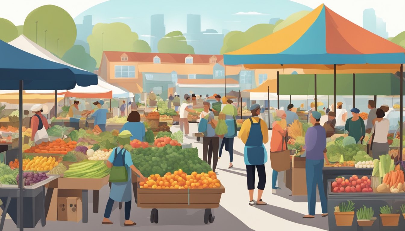 A bustling farmer's market with colorful stalls and diverse customers browsing and sampling local produce and goods