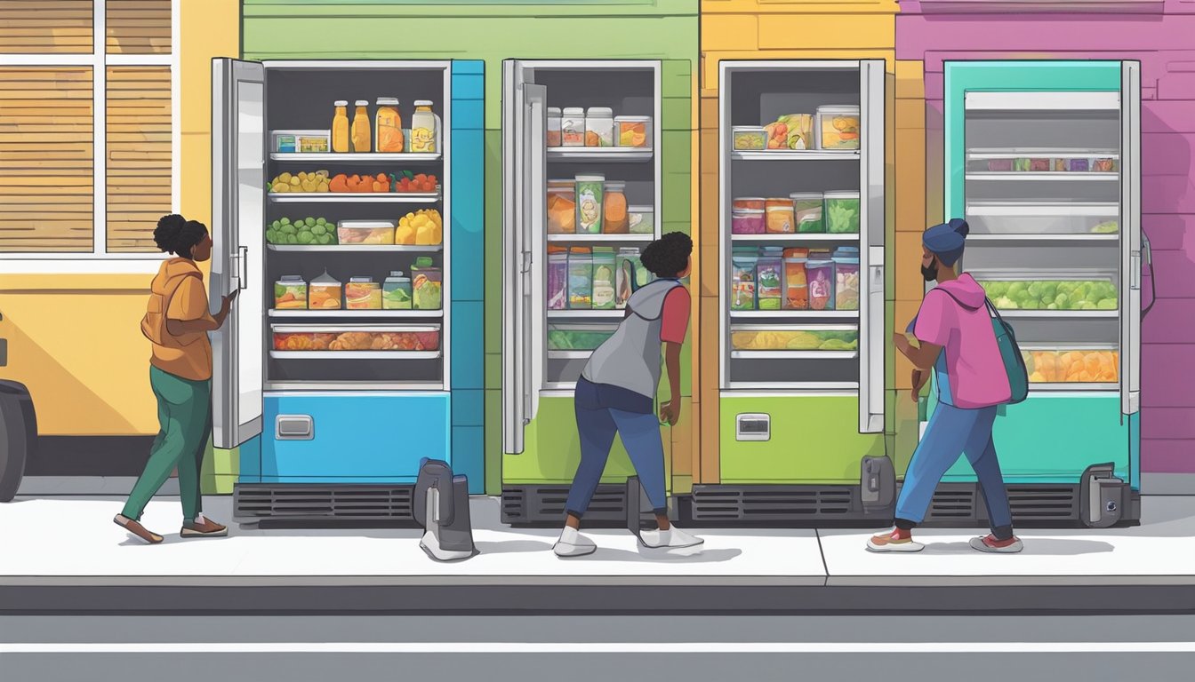 A person opens a brightly colored community fridge filled with various food items in Huntsville, AL. The fridge is located in a bustling neighborhood, with people coming and going to access the free food