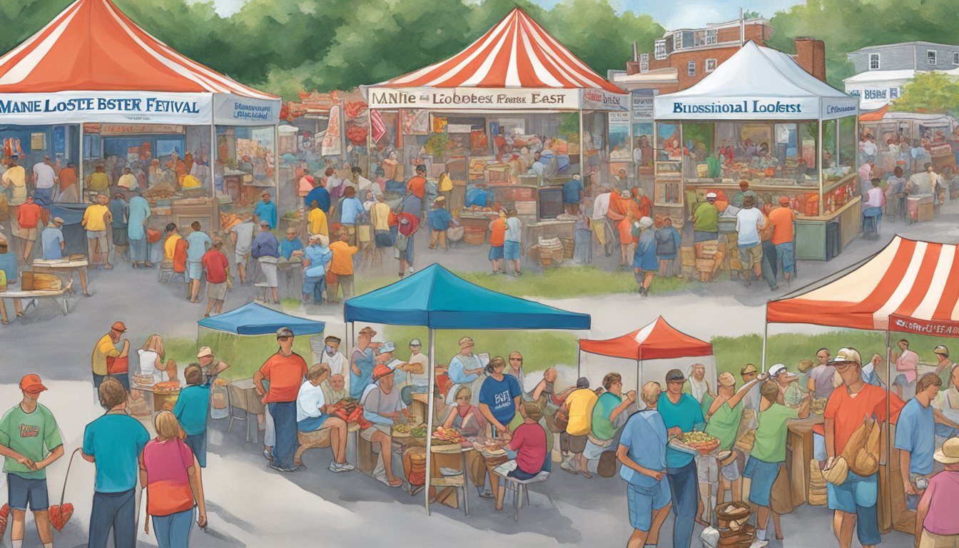 A bustling Maine lobster festival with people enjoying lobster rolls, surrounded by Down East Magazine banners and a lobster roll challenge sign